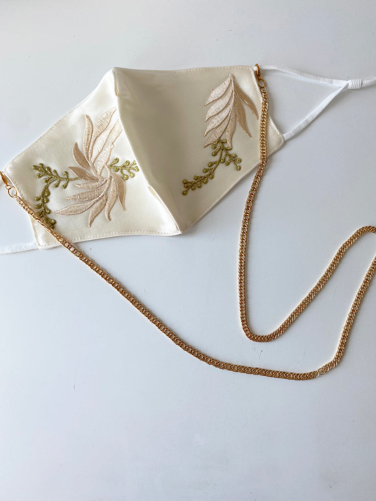 Appliqué Mask with Gold Chain- Ivory Ash Leaf